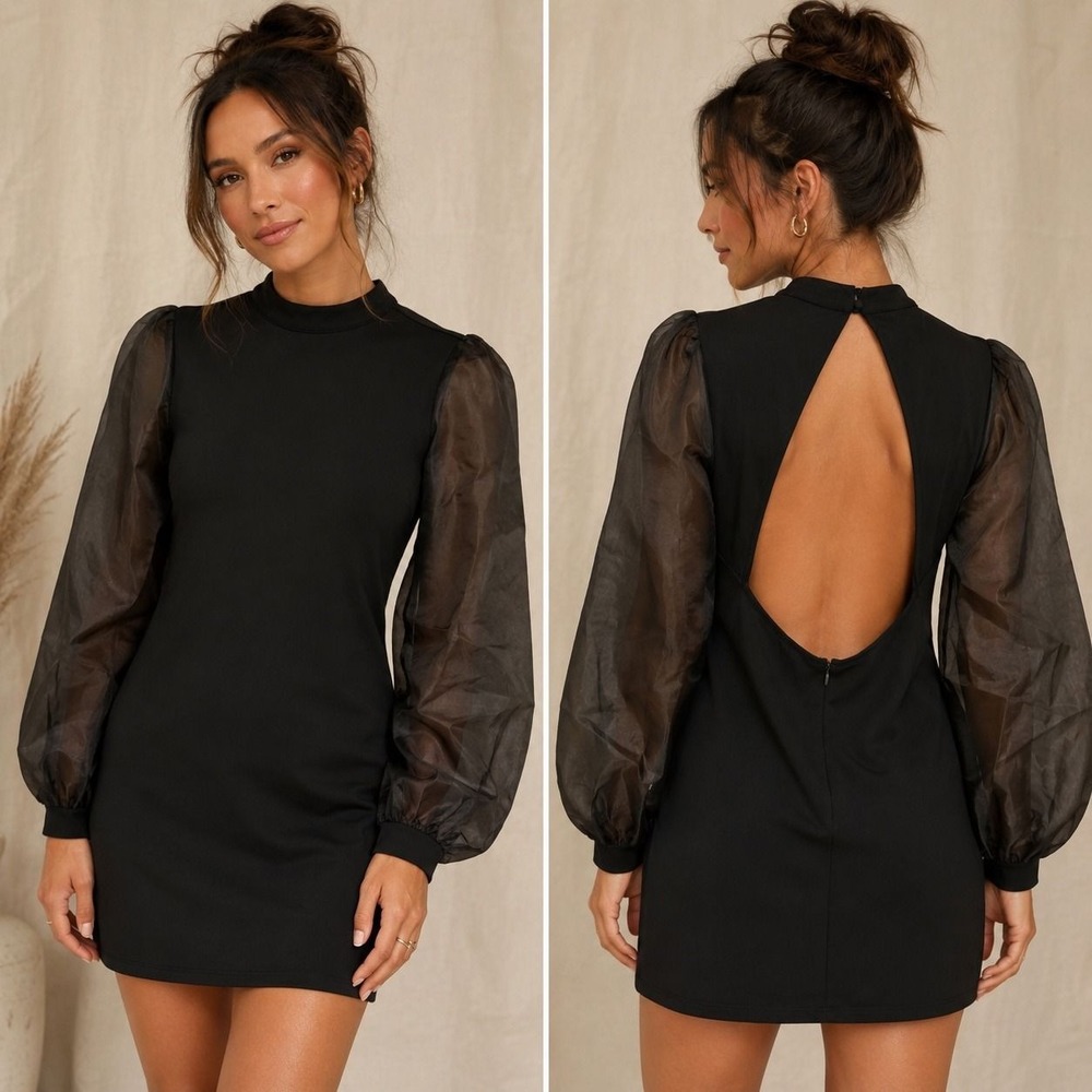 M 43. Lulus Black Puff Sleeve Mini Dress Open Back Balloon Sleeve Cocktail M